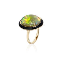 One of a Kind Ethiopian Opal Cabochon with Black Enamel Frame Cocktail Ring