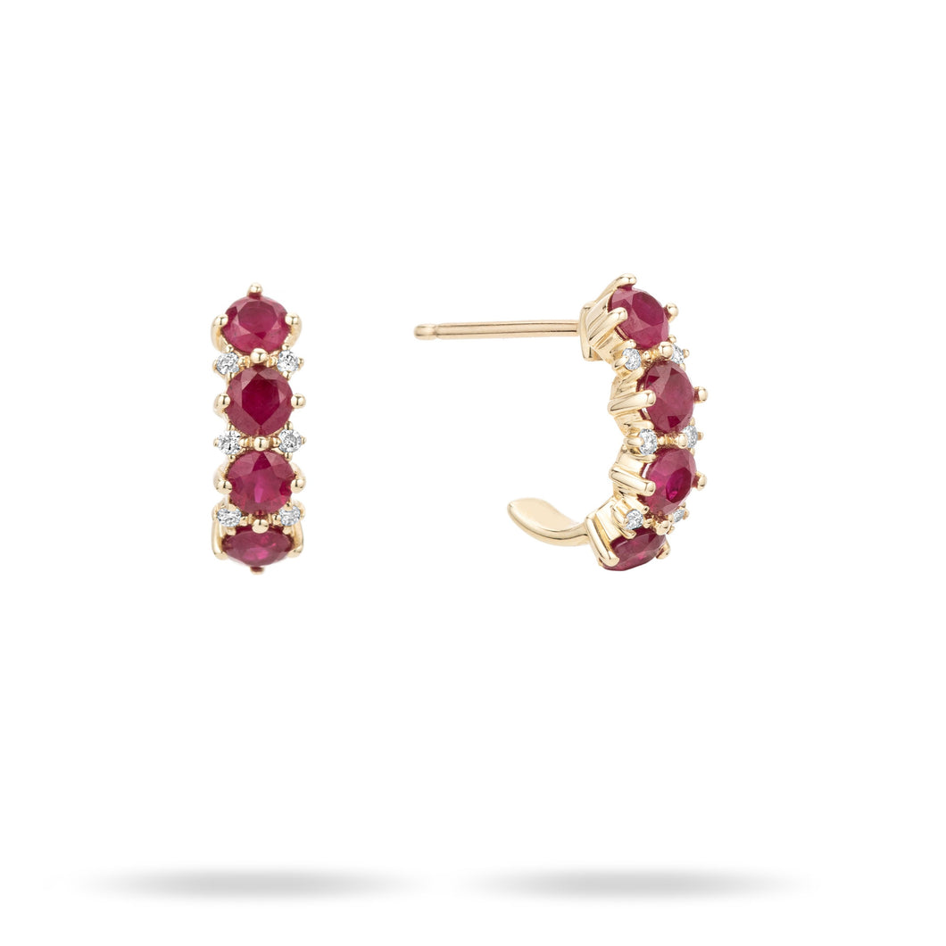 Ruby or Sapphire J Hoop Earrings with Diamonds
