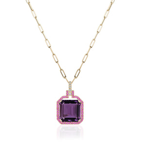 Gossip Square Flat Amethyst Pendant with Diamonds