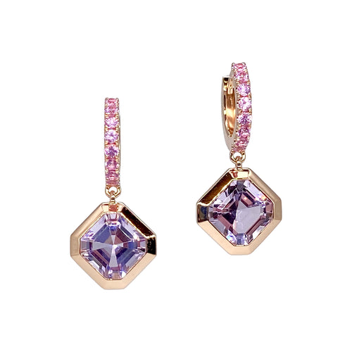 Rose de France Bezel Set Amethyst Octagonal Drop Earrings