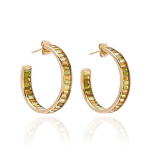 Inside Out Horizontal Baguette Stud Hoops with Green and Yellow Tourmaline