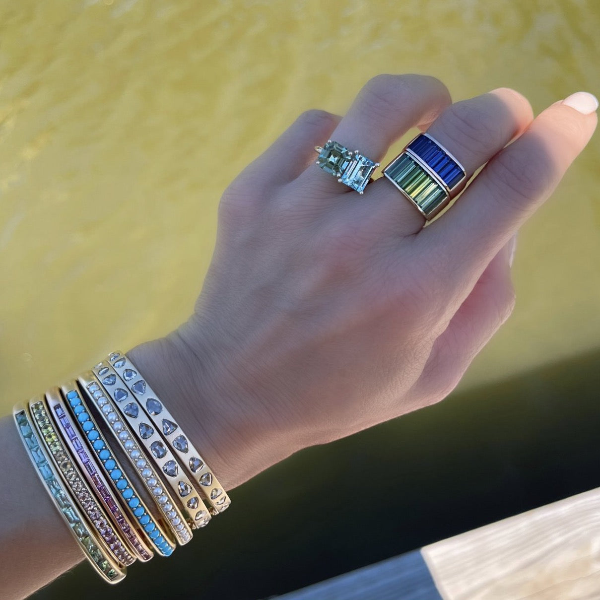 Cirque Oval Hinged Cuff with Turquoise Cabochons