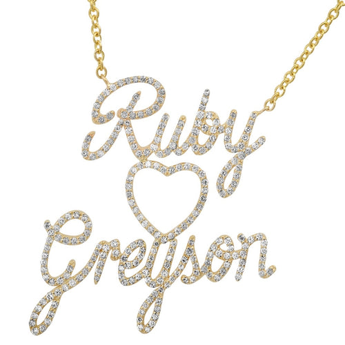 Custom Diamond Script Double Nameplate with Heart Necklace