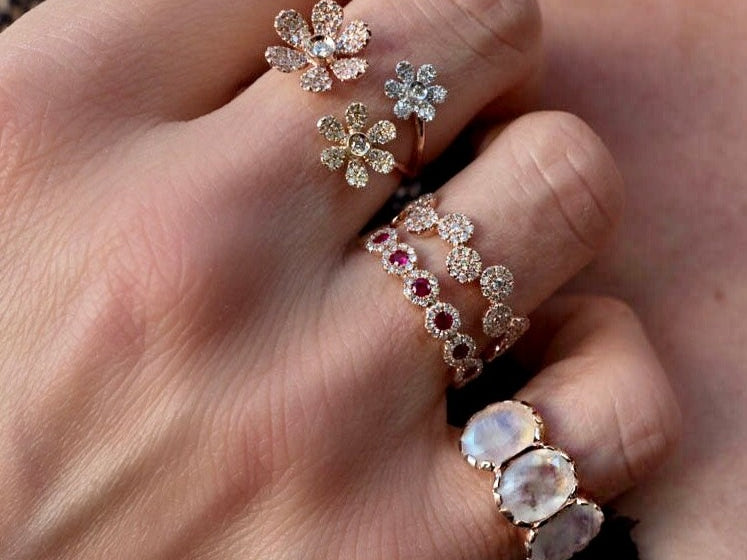 Diamond & Ruby Flower Band Ring