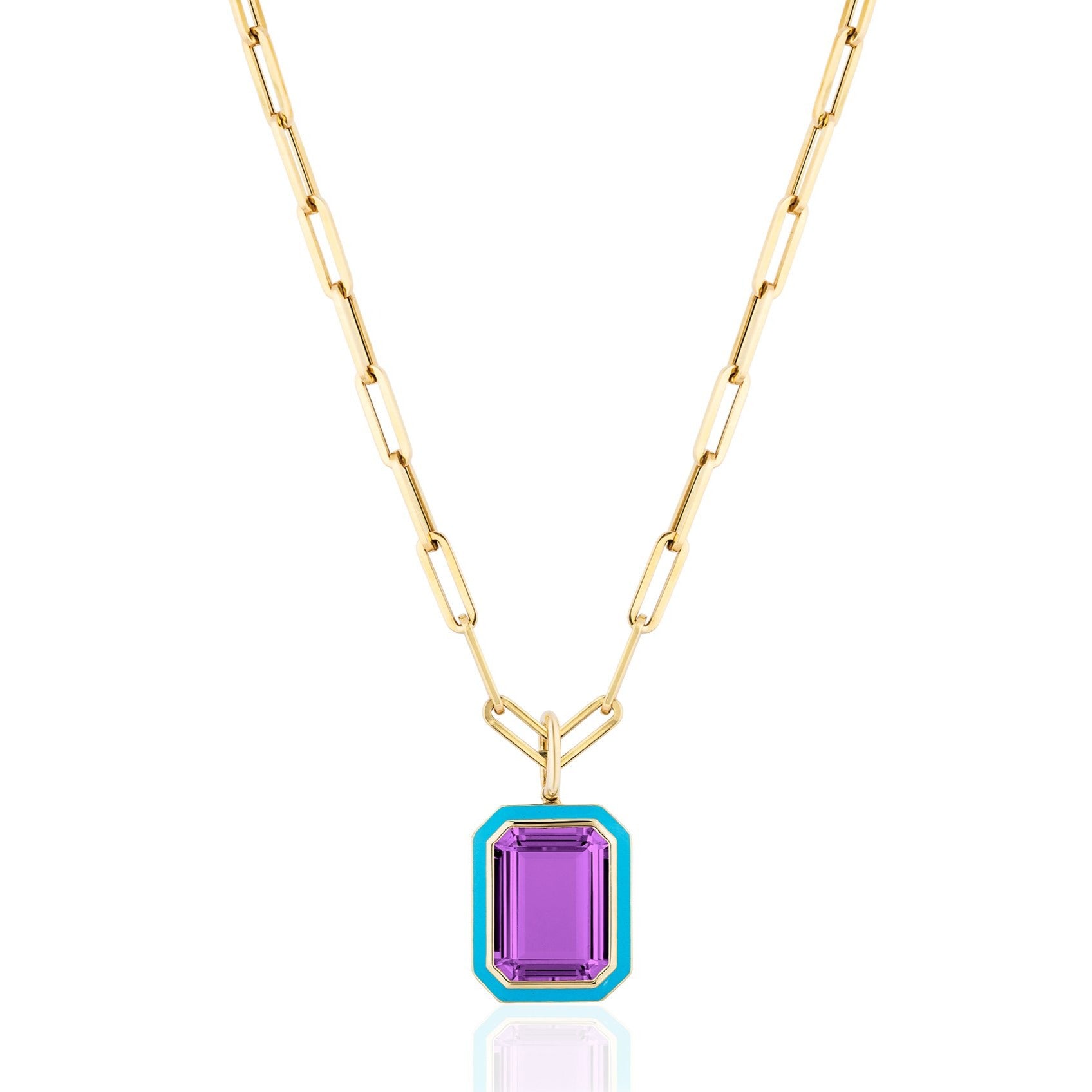 Queen Emerald Cut with Enamel Frame Pendant on Paperclip Chain Necklace