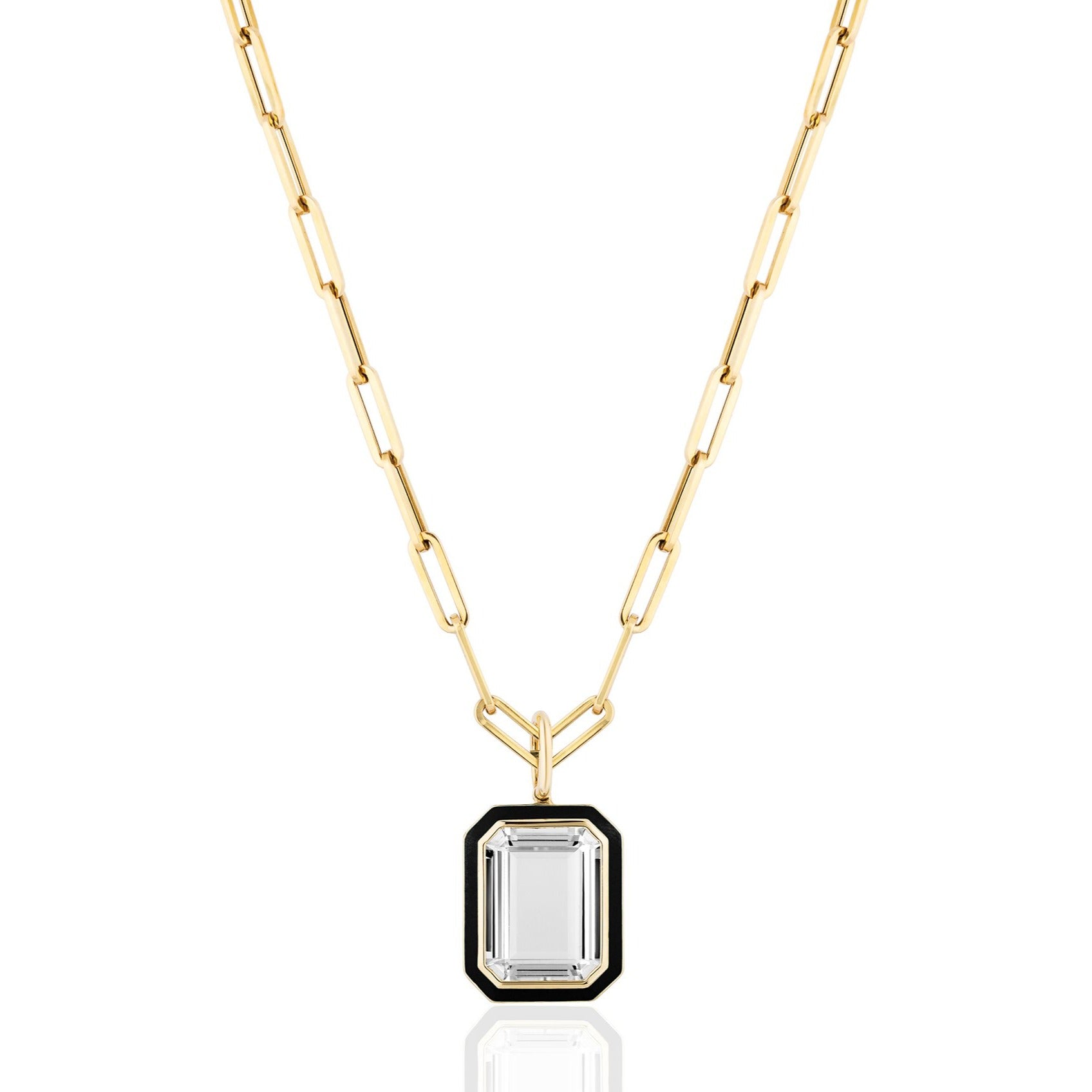 Queen Emerald Cut with Enamel Frame Pendant on Paperclip Chain Necklace