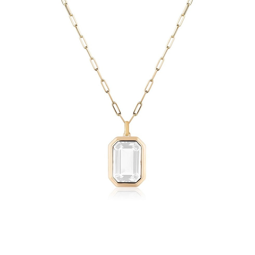 Manhattan Emerald Cut with Gold Frame on Paperclip Chain Necklace