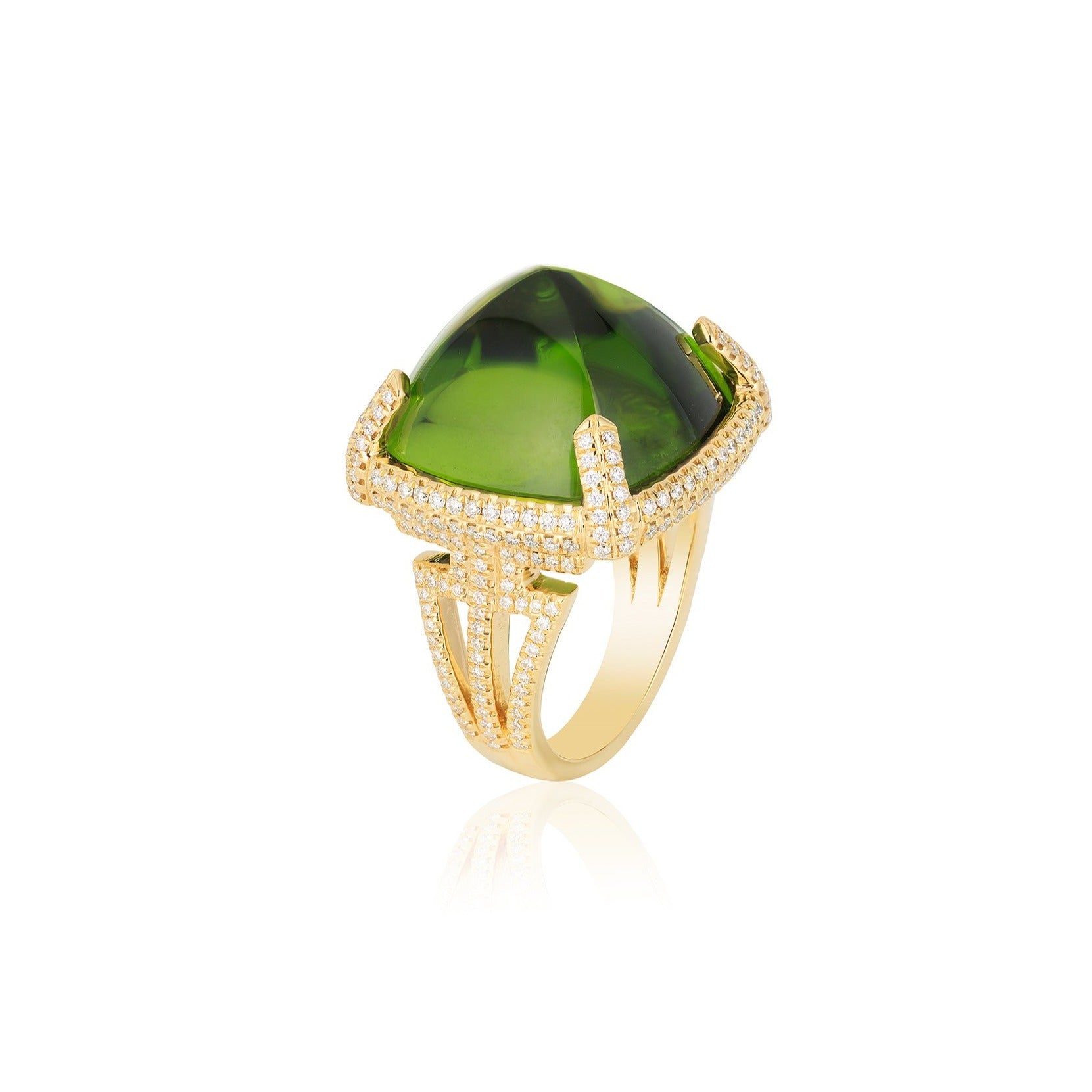 One of A Kind Rock N Roll Pyramid Peridot Ring with Diamond Setting