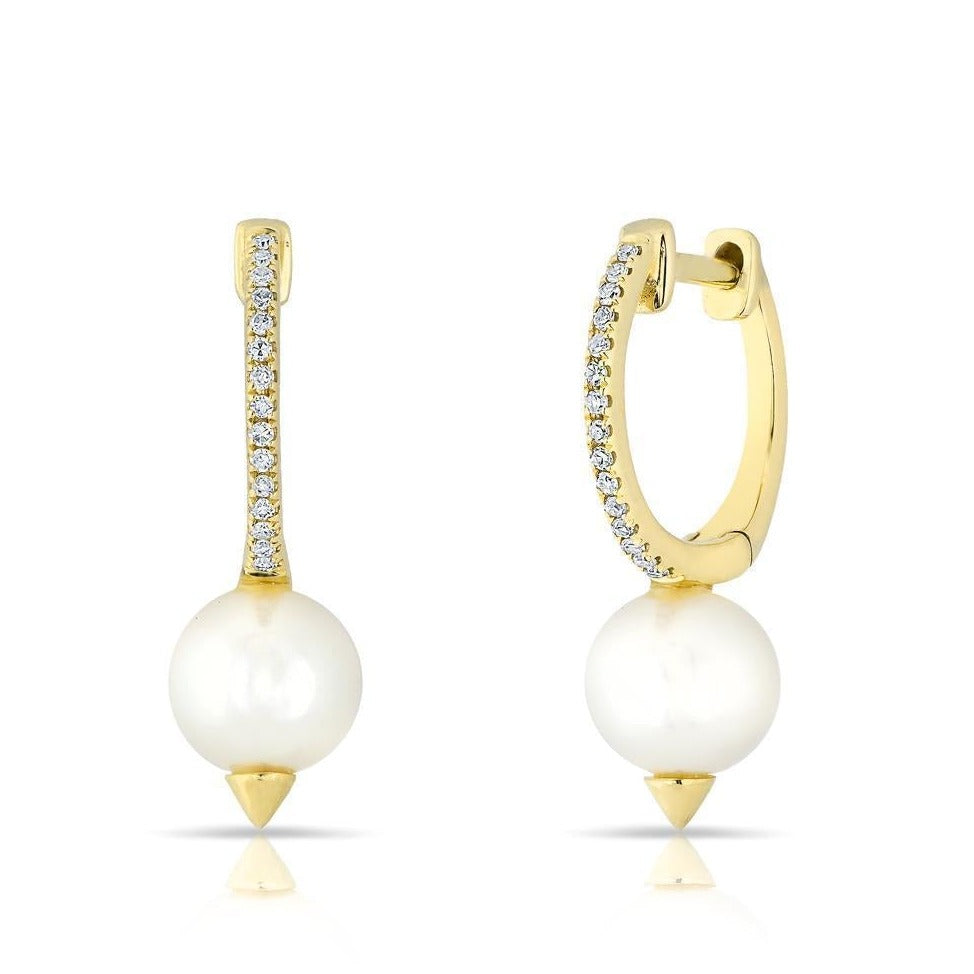 Diamond and Pearl Spike Huggie Hoop Earrings