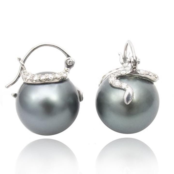 Tahitian or Australian Pearl Floating Earrings with Diamond Snakes