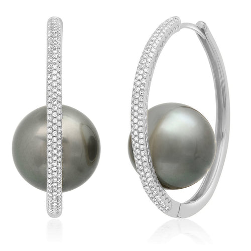 Pave Diamond Large Orbit Hoop Earrings with Tahitian Pearl