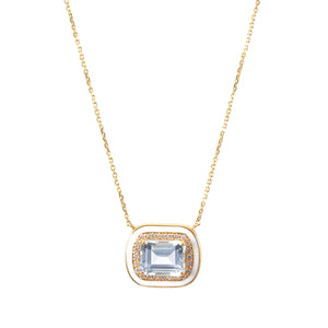 Emerald Cut White Topaz Necklace with Diamond & Enamel Frame