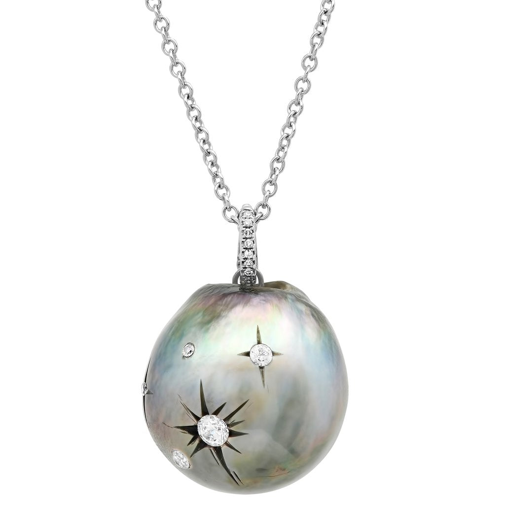 Tahitian Pearl Diamond Encrusted Carved Galaxy Necklace