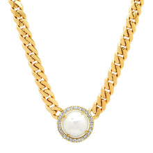 Cuban Link Necklace with Australian Pearl Slice and Diamond Frame 