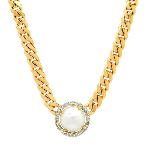 Cuban Link Necklace with Australian Pearl Slice and Diamond Frame 