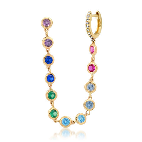 Sapphire Rainbow Chain Stud Earring with Huggie Hoop