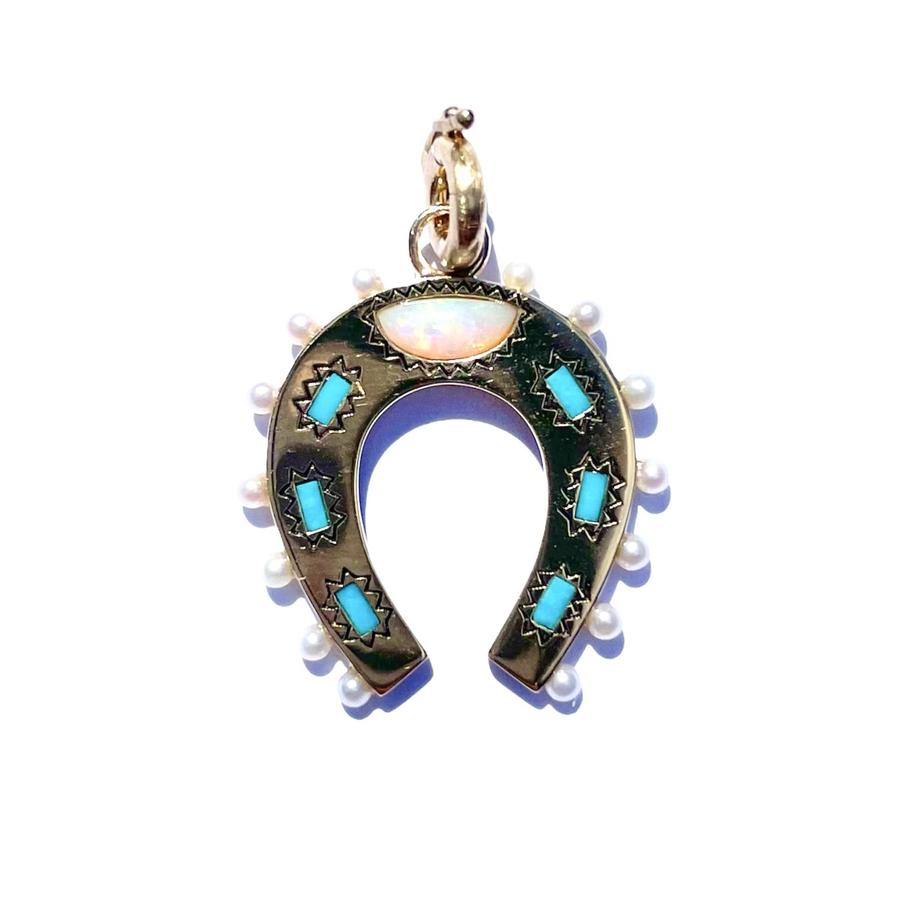 Holly Turquoise Opal and Pearl Horseshoe Pendant Charm