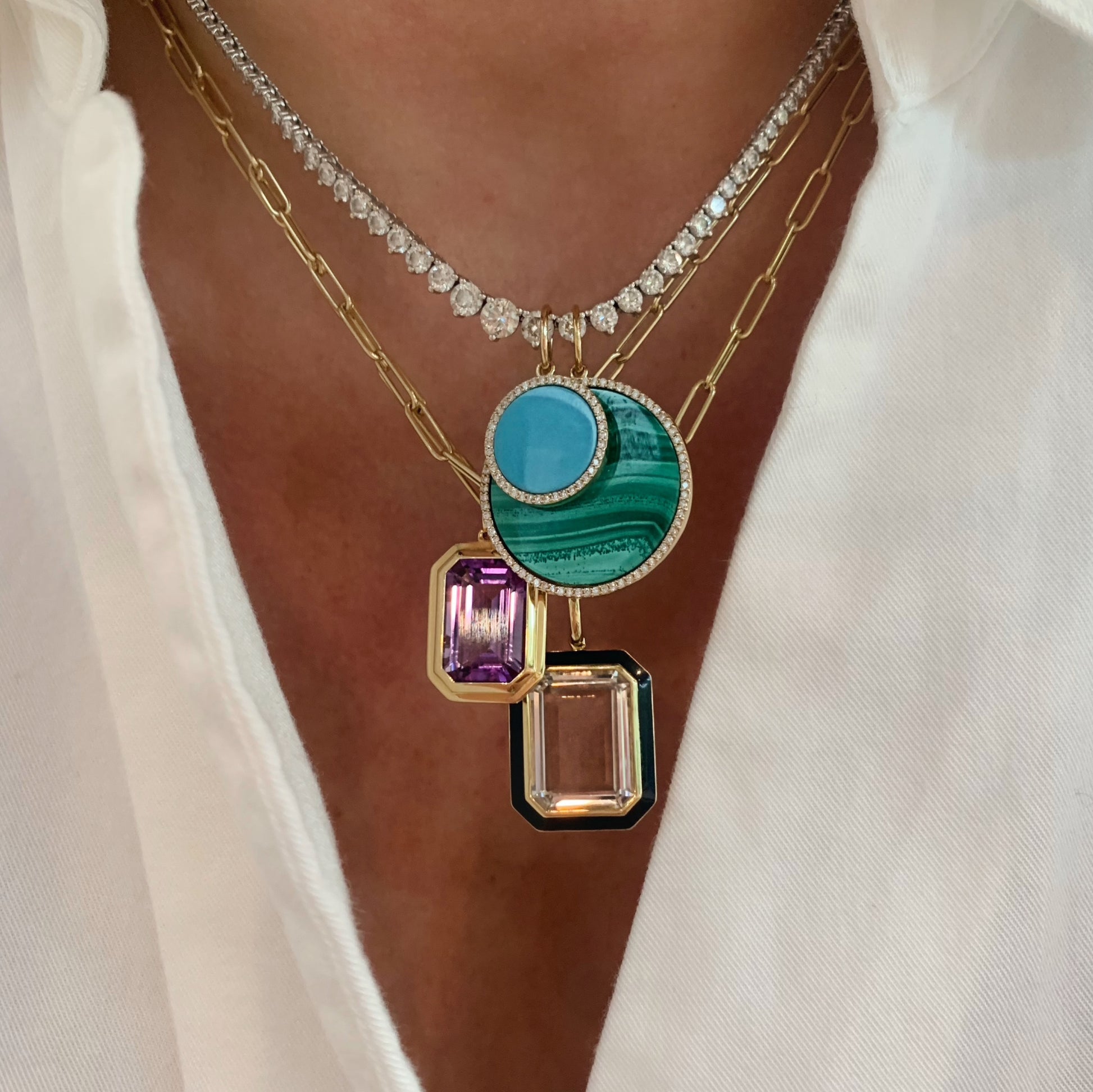 Manhattan Emerald Cut with Gold Frame on Paperclip Chain Necklace