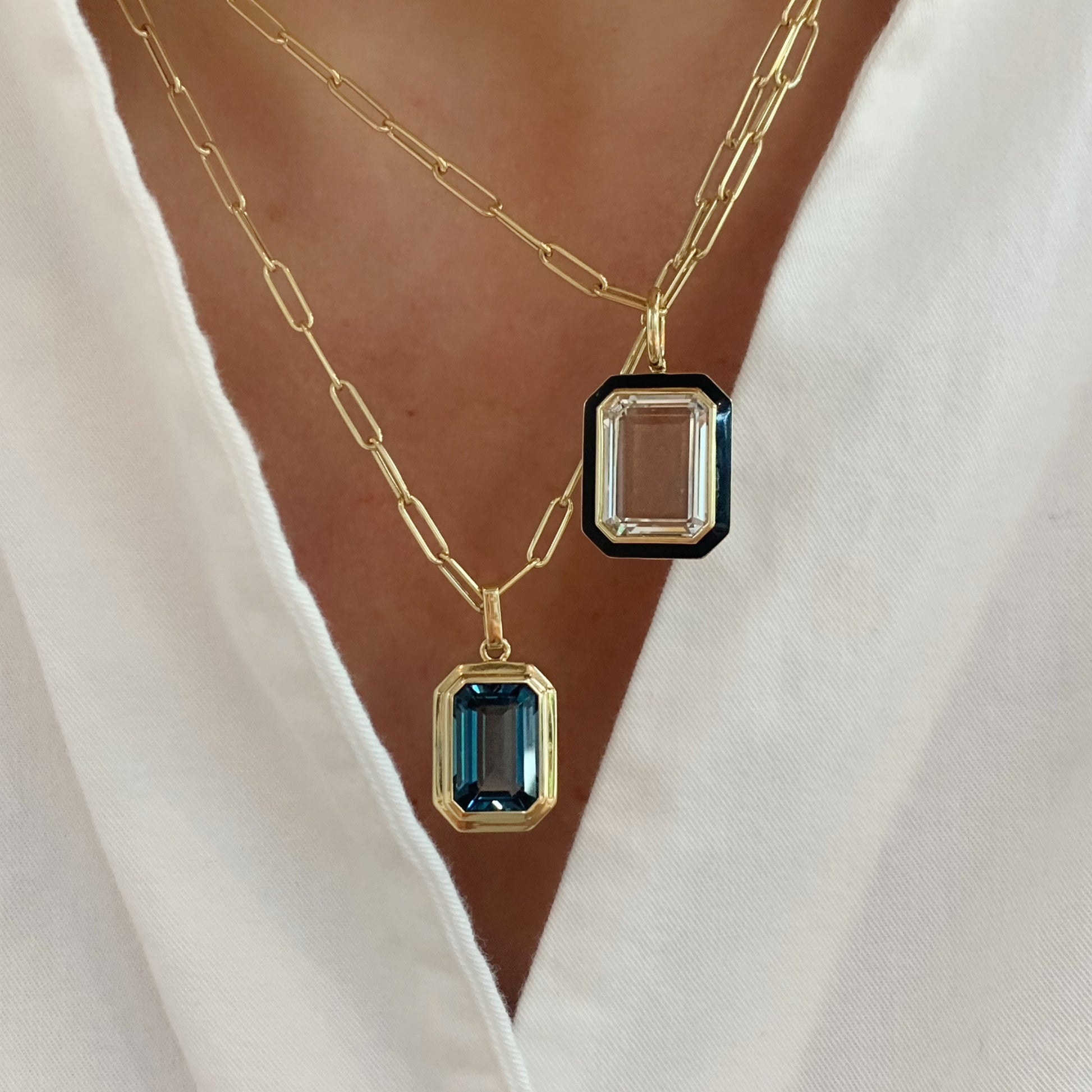Queen Emerald Cut with Enamel Frame Pendant on Paperclip Chain Necklace