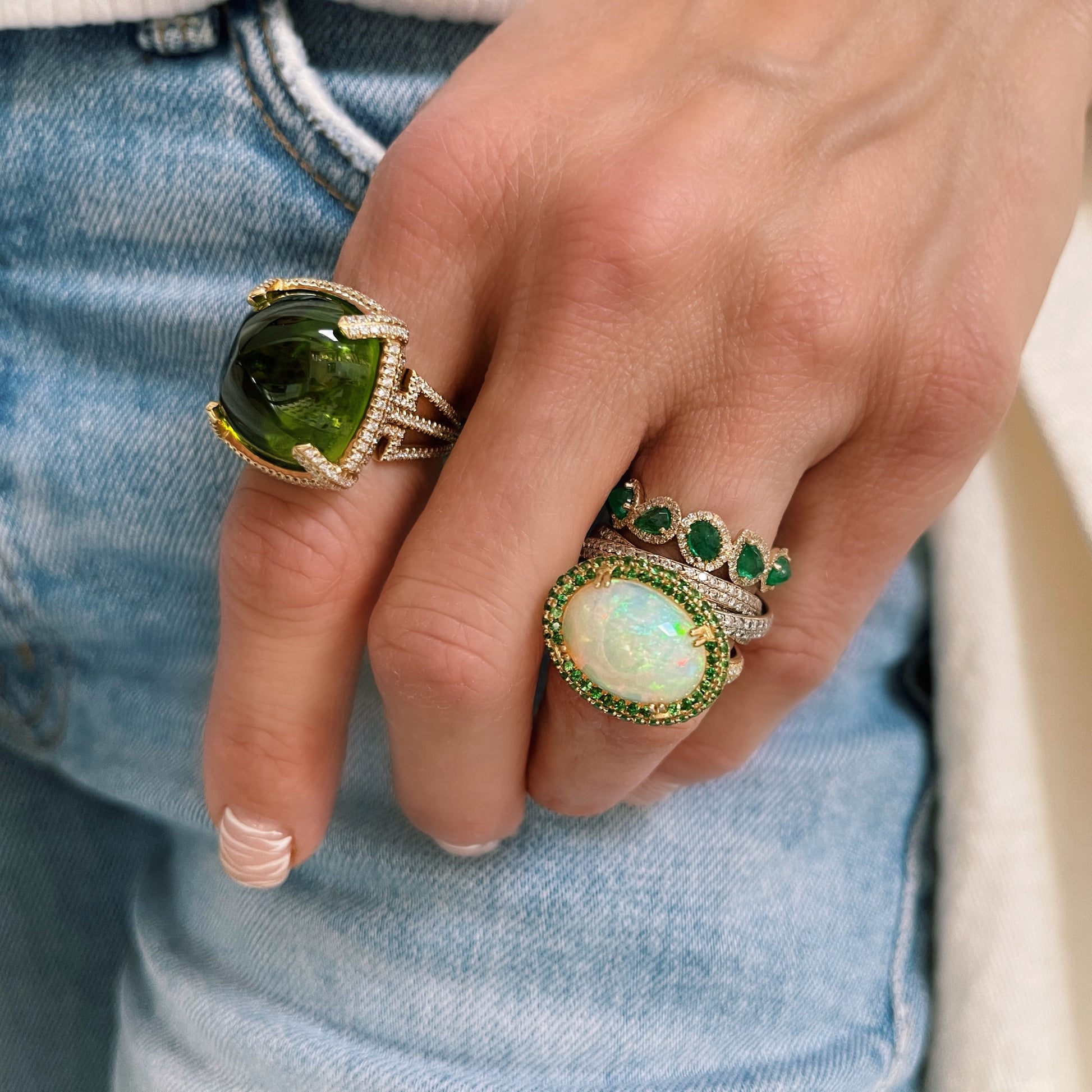 One of A Kind Rock N Roll Pyramid Peridot Ring with Diamond Setting