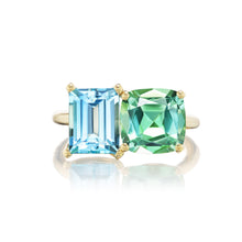 Bold 2-Stone Ring with Blue Topaz Emerald Cut & Mint Green Tourmaline Cushion