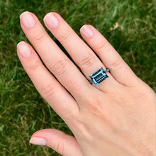Cirque London Blue Topaz Baguette Solitaire with Blue Diamond Band Ring