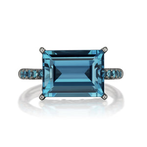 Cirque London Blue Topaz Baguette Solitaire with Blue Diamond Band Ring