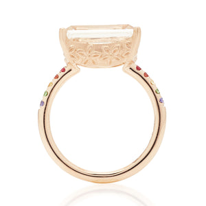 White Topaz Baguette Solitaire with Rainbow Band Ring