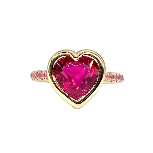 One of a Kind Bezel Set Large Rubellite Heart on Pink Spinel Band Ring