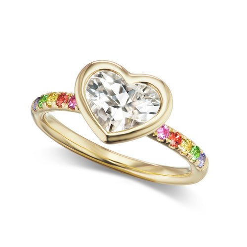 Bezel Set White Topaz Heart on Rainbow Sapphire Band Ring