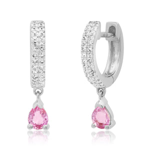Diamond Huggie Hoops with Pink Sapphire Tear Drop
