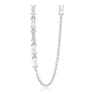 Diamond Baguette Link and Chain Double Pierce Stud