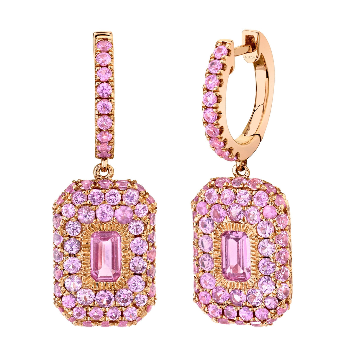 Light Pink Sapphire Baguette Diamond Drop Earrings