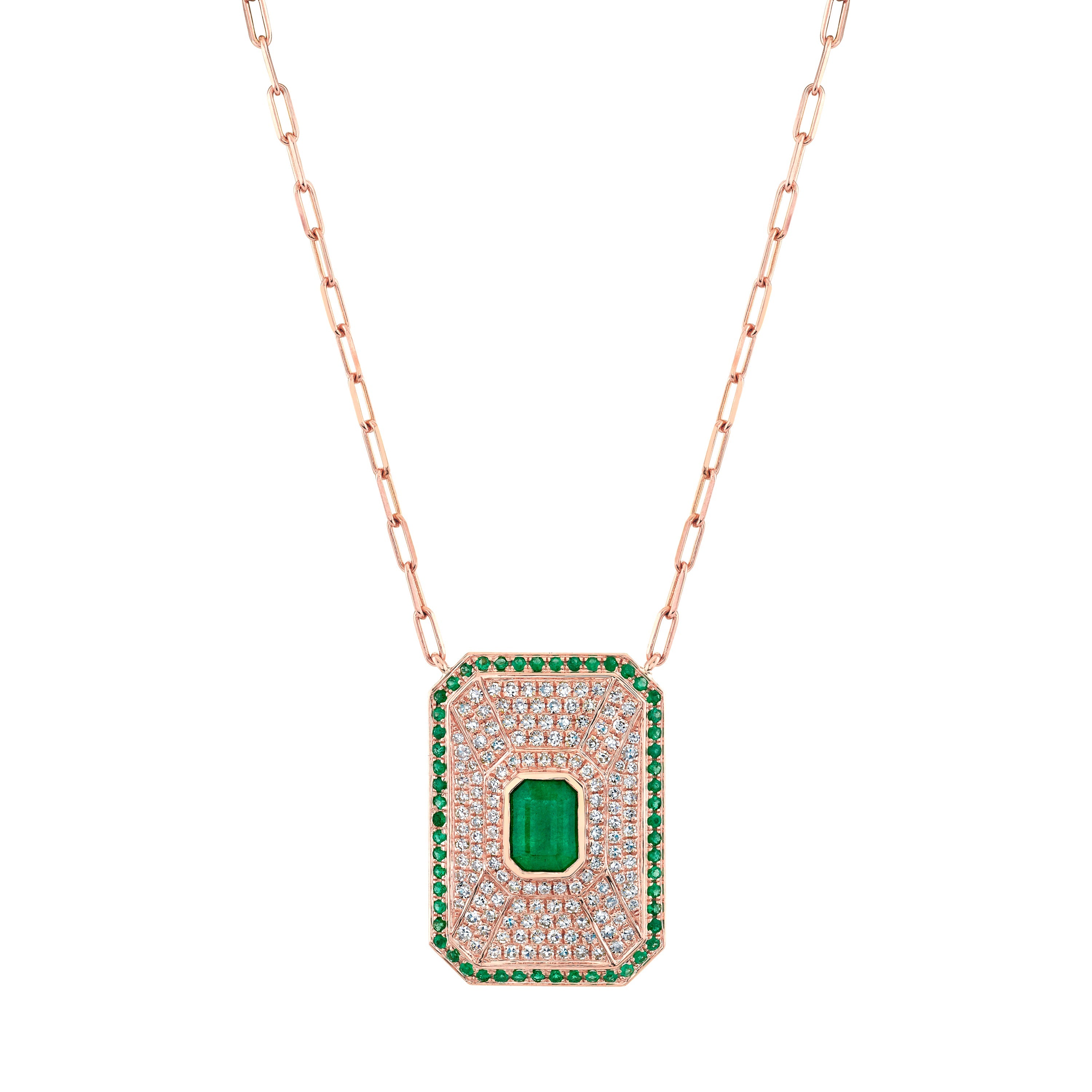 Emerald & Diamond Deco Badge Pendant Necklace