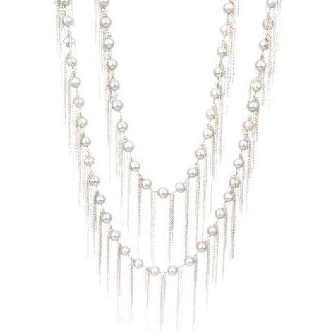 Fresh Water Pearl Chain Fringe Necklace Oxidized Sterling Silver / Silver Pearl | Samira 13
