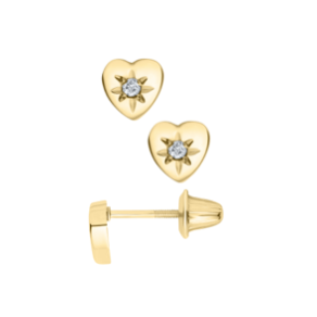 Gold Heart Carved Star Screw Back Stud Earrings with Diamond Center