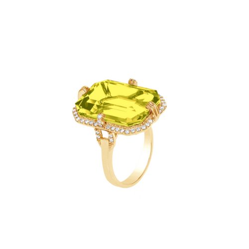 Gossip Lemon Quartz Emerald Cut Ring with Diamonds