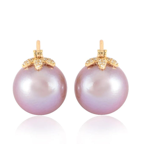 Pink Edition Floating Pearl Earring with Triple Diamond Leaf Hook