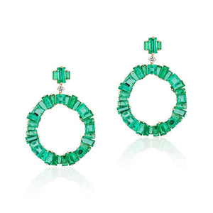 One of a Kind Emerald Baguette & Diamond Round Drop Statement Earrings 