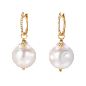 Baroque Pearl & Diamond Charm Drop Huggie Hoop Earrings