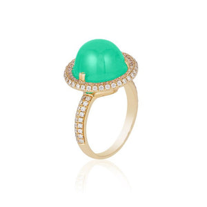 One of a Kind Round Chrysoprase Ring with Diamonds
