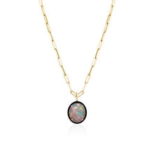 One of a Kind Ethiopian Opal Cabochon with Black Enamel Frame Pendant on Paperclip Chain