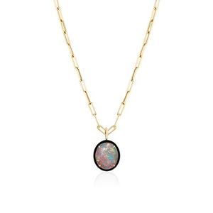 One of a Kind Ethiopian Opal Cabochon with Black Enamel Frame Pendant on Paperclip Chain