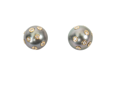 Tahitian Pearl with Encrusted Diamonds Stud Earrings