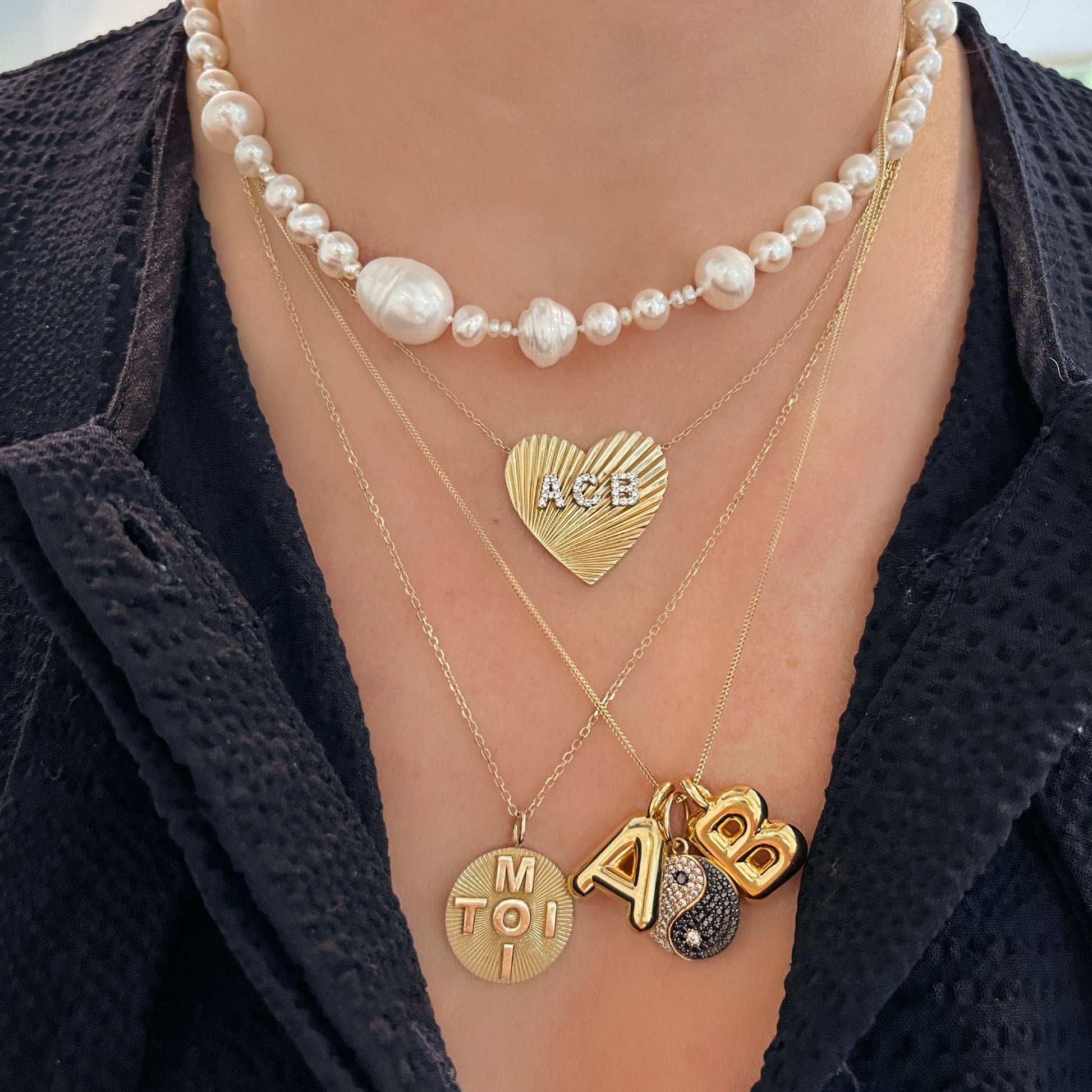 The Love Large Fluted Heart Diamond Initial Pendant Necklace