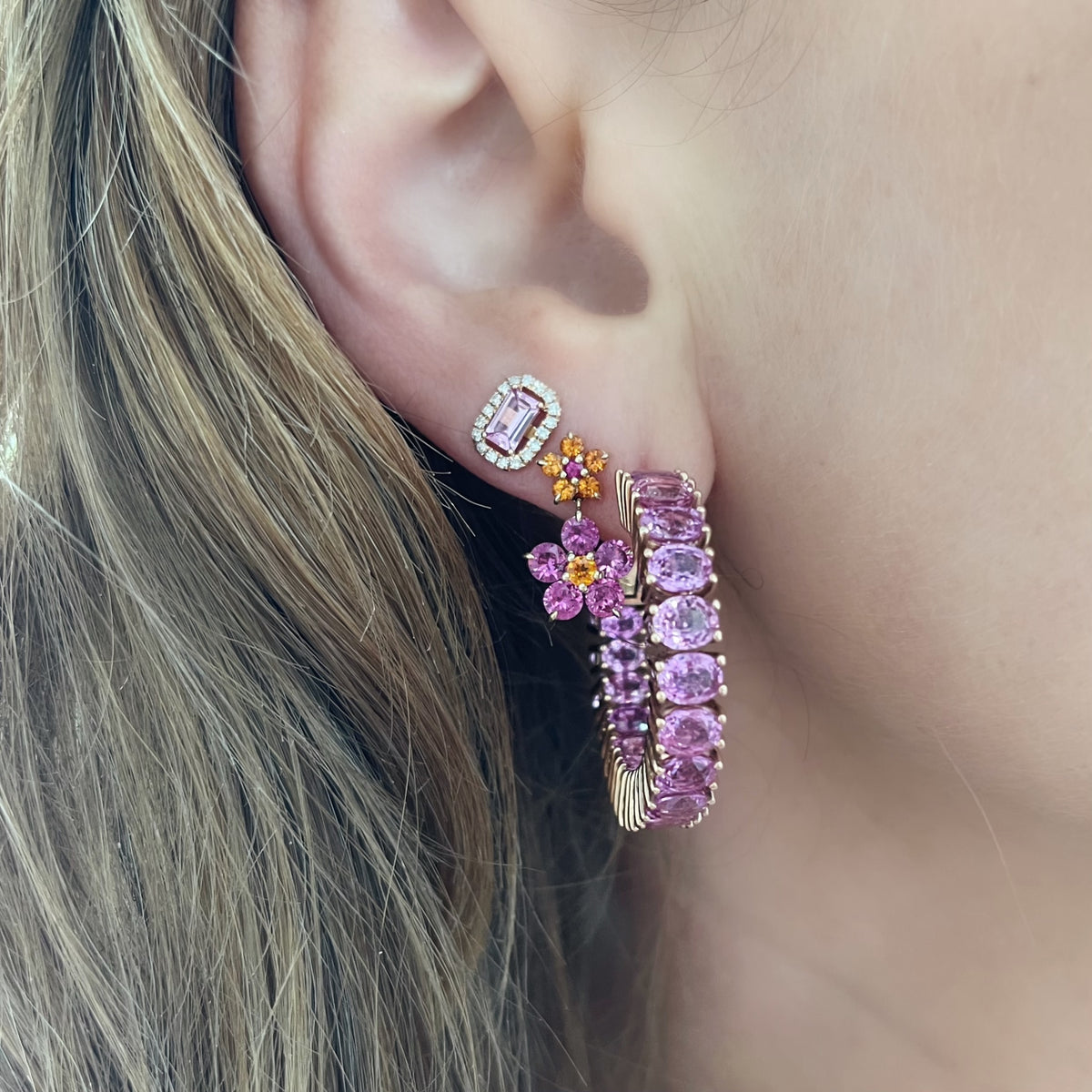 Pink Sapphire Stud Earrings with Diamond Halo
