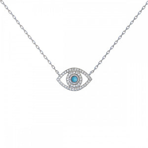 white gold petite diamond and turq evil eye necklace