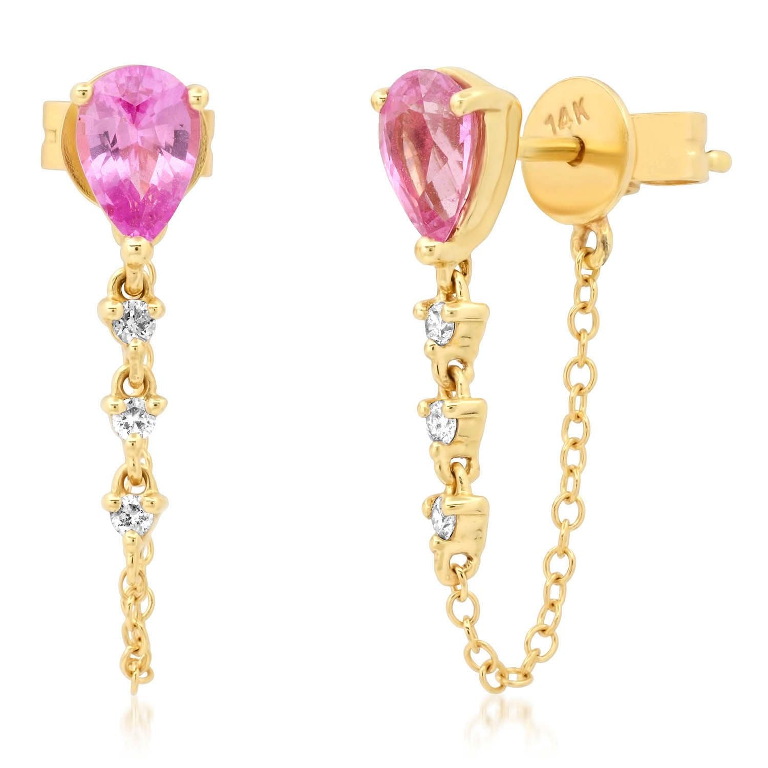 Pear Shape Gemstone Studs with Diamond Wrapped Chain